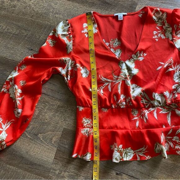 Bar III Blouse Floral Red Poppy Peplum Top Long Sleeve Medium - Picture 7 of 9